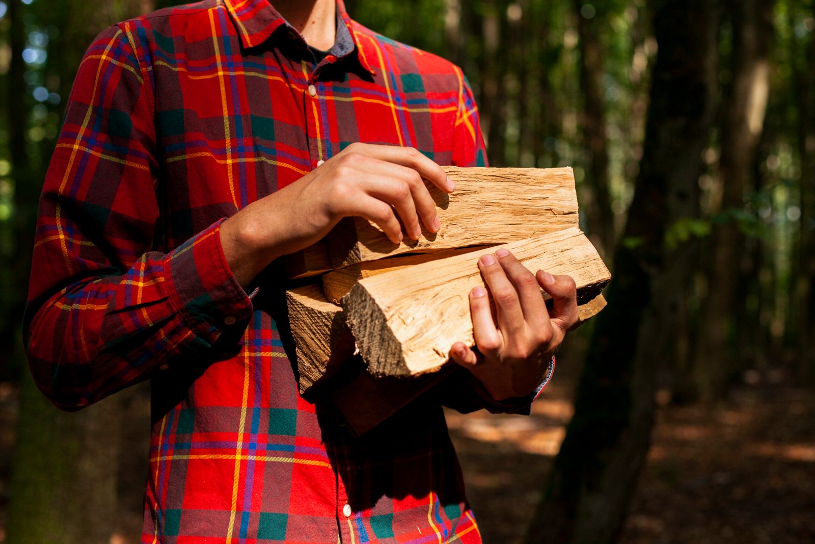 man holding wood logs campfire